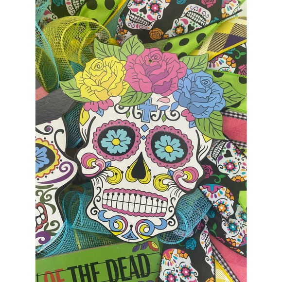 Day of the Dead Sugar Skull Los Dias De Los Muertes Halloween Wreath Sign Decor - Picture 3 of 9